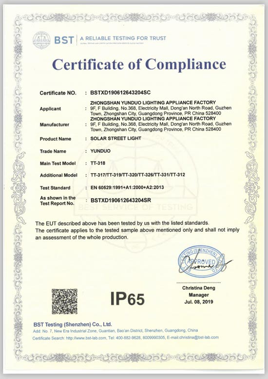 IP65 for SOLAR STREET LIGHT